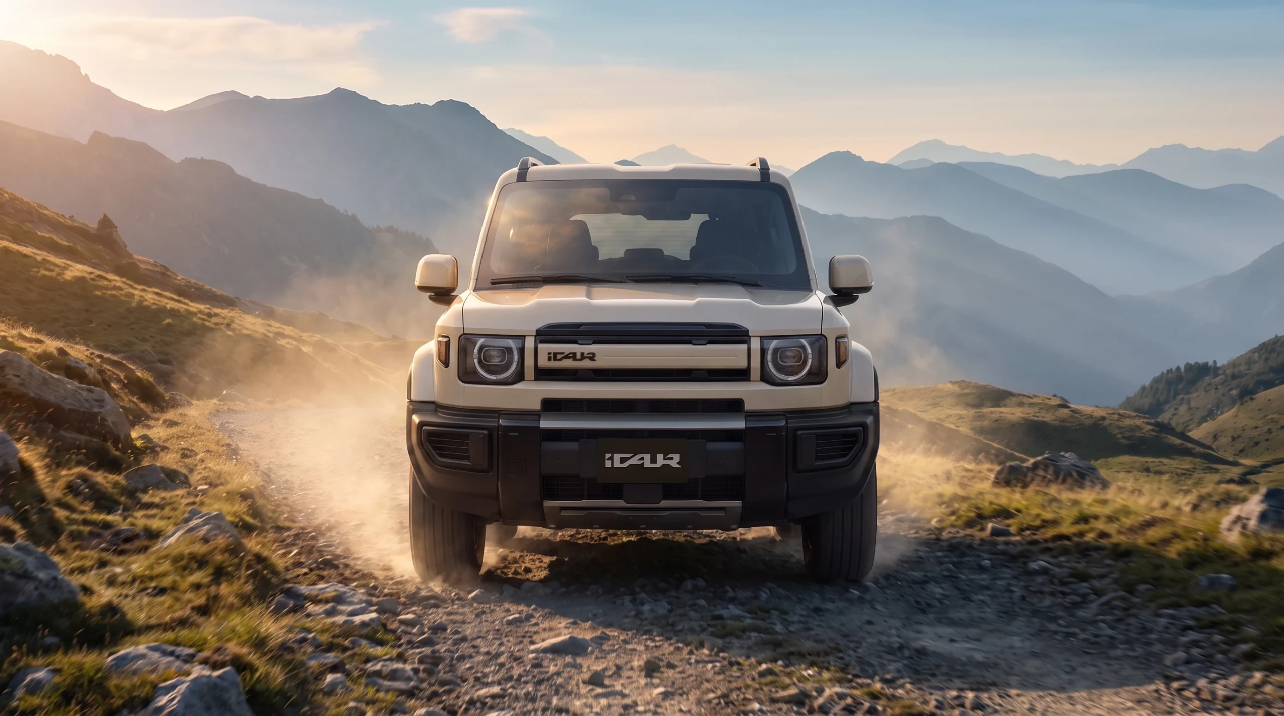 Lanzamiento iCAUR Colombia: iCAUR V27 REEV crema en un camino de montaña al atardecer
